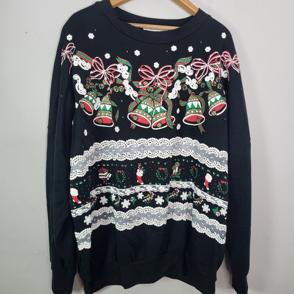 Festive Black Holiday Sweater with Bells and Bows Land And Sea Vintage Size Lg - Picture 1 of 5